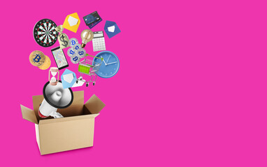 Open cardboard box with different items on color background. Concept of digital marketing