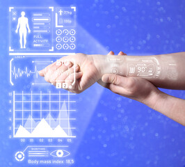 Hologram projection of health card on color background. Innovative technologies in medicine