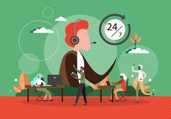 Call center concept vector illustration. Customer service people at work in office. Helpdesk and support phone line operator. Man with headset talk by phone. Call center team
