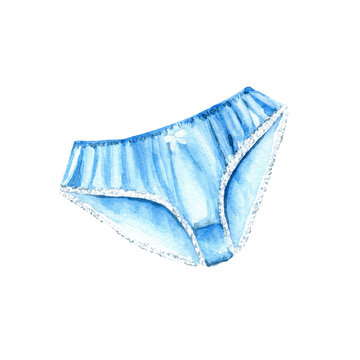 Watercolor hand drawn blue panties. Female lingery, clothes, clip art, element. Can be used in women`s fashion magazine. Raster stock illustration isolated on white background.