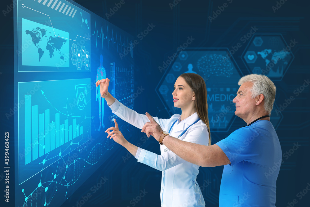 Poster doctors using virtual screen on dark color background