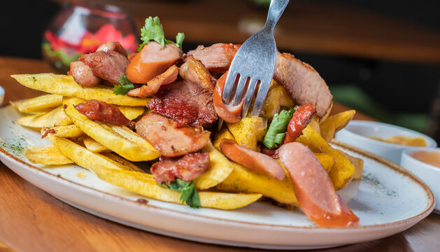 Salchipapa Frankfurt con pl&aacute;tano frito y papas fritas.