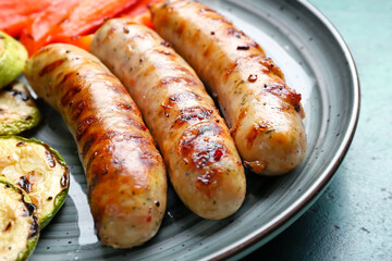 Plate with delicious grilled sausages and vegetables, closeup