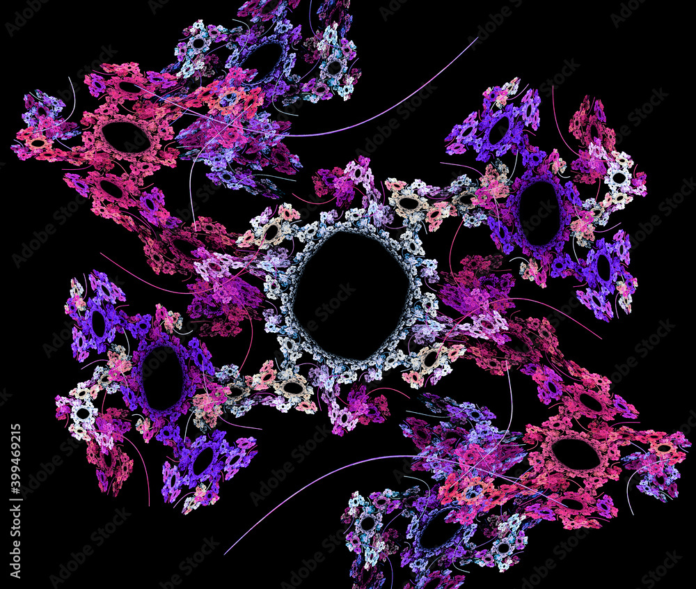 Poster an openwork pattern of bright flowers combined into wreaths. wreaths of different sizes are combined