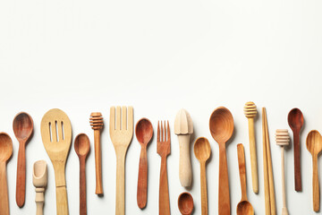 Different wooden dishes on white background, space for text