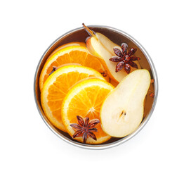 Bowl with hot mulled wine on white background