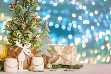 Beautiful Christmas composition with mistletoe plant against blurred lights