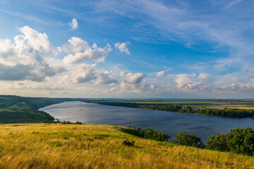 Panoramic view of the river Don and hills, slopes, steppe coast, gully, ravine on a banks