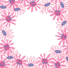Simple vector frame with pink flowers on a white background. Floral shape template for the design of party invitations, birthday cards