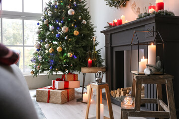 Fireplace in beautiful living room decorated for Christmas