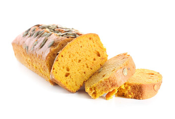 Tasty pumpkin pie on white background