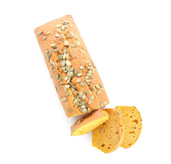 Tasty pumpkin pie on white background