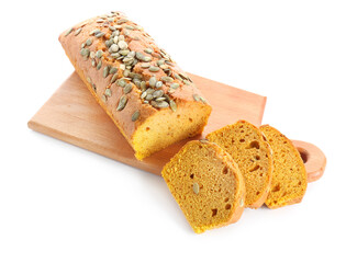 Tasty pumpkin pie on white background