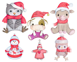 Watercolor hand drawn set of new year characters. 