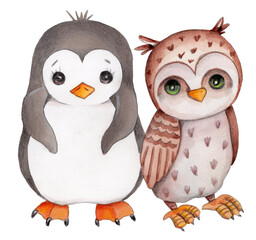 Fototapeta premium Cute cartoon little penguin an owl, hand drawn watercolor and pencils art, illustration, icon, print. Isolated on white background.