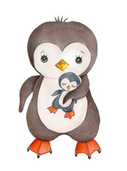 Cute cartoon little penguins, hand drawn watercolor and pencils art, illustration, icon, print. Isolated on white background.
