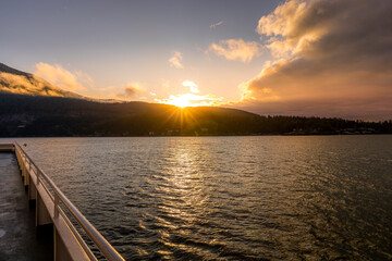 Bowen Island Ferry sunrise view on Howe Sound travel and tourism