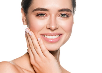 Beautiful woman face with healthy teeth smile natural make up healthy skin and beautiful eyes
