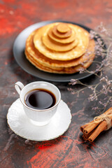 Vertical view of national breakfast pancake tea stock image