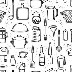 Cooking utensils and kitchen tools seamless doodle background on white.
