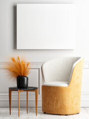 Mockup poster in minimal retro interior design, orange color flowers and furniture, home decoration, 3d render, 3d illustration