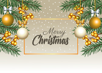happy merry christmas lettering with firs and balls in square frame