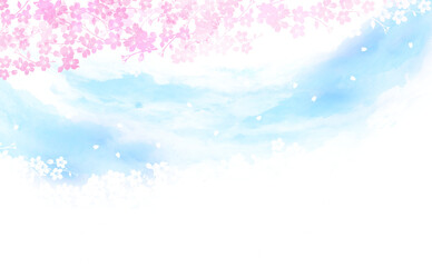 桜のシルエットと青空と雲（背景は水彩タッチ）
