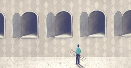 Choice concept idea artwork, man with surreal gates, conceptual painting, imagination illustration, dream art © Jorm Sangsorn