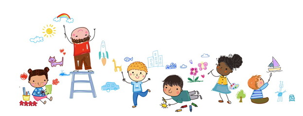 Group of happy children drawing and doing different activities.