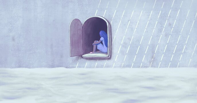 depressed woman ,alone loneliness sadness and lonely concept art, painting illustration, surreal conceptual artwork