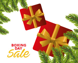 boxing day sale lettering with gifts and firs