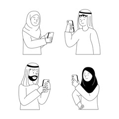 Set Group of Arabian People Watch and See to Smartphone Illustration Black White