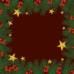 happy merry christmas frame with golden stars and leafs
