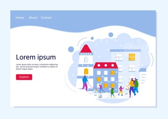 Landing page template with people walk in winter city park, parents walk with children and have fun outdoor. Vector for web design, flyer, poster, banner, holiday background