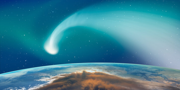 Comet on the space with aurora borealis"Elements of this image furnished by NASA "