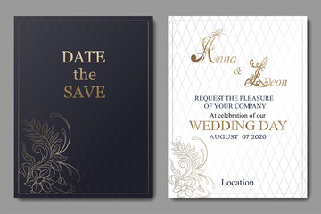 Elegant wedding invitation. Cover design with ornament and text. Decorative card or invitation, background design.