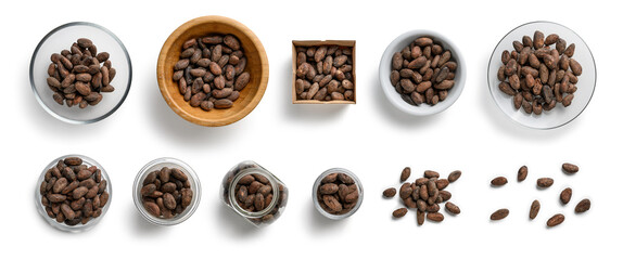 Cocoa beans in various containers on a white background. The view from the top