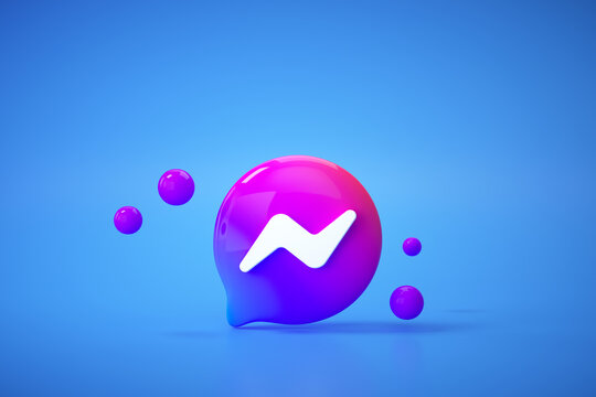 3D New Facebook messenger logo application on blue background, social media communication.
