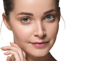 Beautiful woman face close up with healthy clean skin beauty