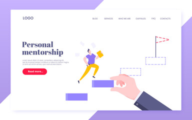 Business mentor helps to improve career and holding stairs steps vector illustration. Mentorship, upskills and self development strategy flat style design business landing page concept.
