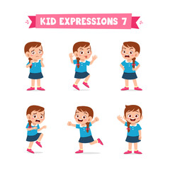 cute little kid girl in various expressions and gesture set