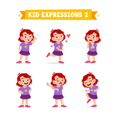 cute little kid girl in various expressions and gesture set