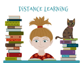 The girl is studying at home. A schoolgirl is reading books at a distance learning center. Vector illustration concept coronavirus COVID-19. Stay at home