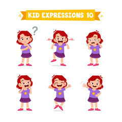 cute little kid girl in various expressions and gesture set