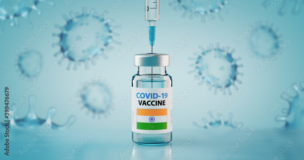 Wall mural covid-19 coronavirus vaccine and syringe with flag of india