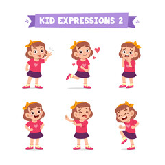 cute little kid girl in various expressions and gesture set