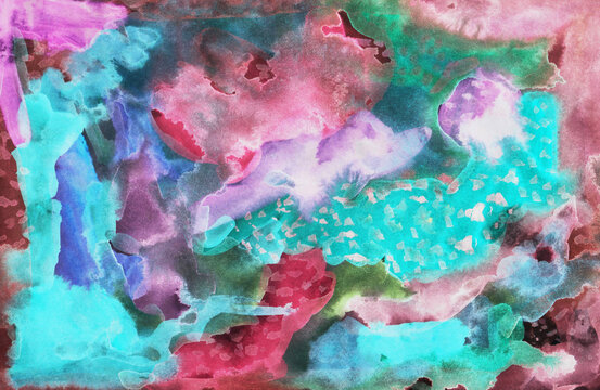 Painting, Modern Art contemporary. green blue turquoise pink lilac teal red brown gradient, gouache acrylic paint in monotype technique, abstract texture hand drawn background for your design.