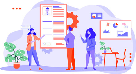hiring employees, head hunting, resume, online meeting, collaboration, remote work, brainstorming, flat illustration. infographics, business