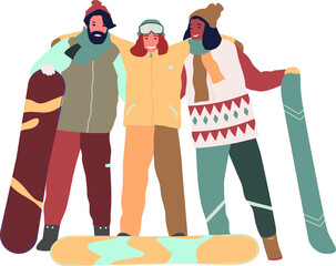 a group of young snowboarders. fun outdoor activities. friendly hug. fun flat illustration of outdoor activities during the winter holidays