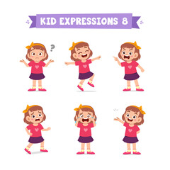 cute little kid girl in various expressions and gesture set